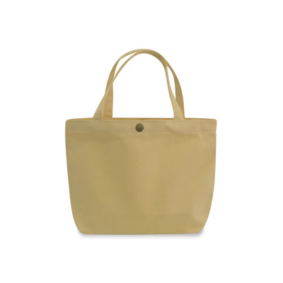 A khaki gusseted canvas tote bag with dual top handles and a small metal snap button closure at the top center, shown against a plain white background.