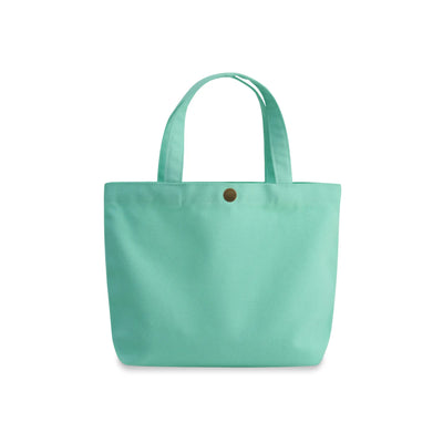 A mint green gusseted canvas tote bag with two top handles and a small brown button closure at the top center, shown against a plain white background.