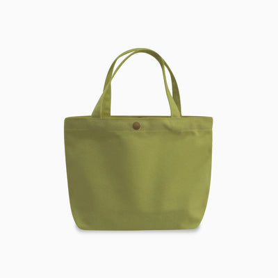 An olive green canvas tote bag with dual top handles and a small brown snap button closure, shown against a plain white background.