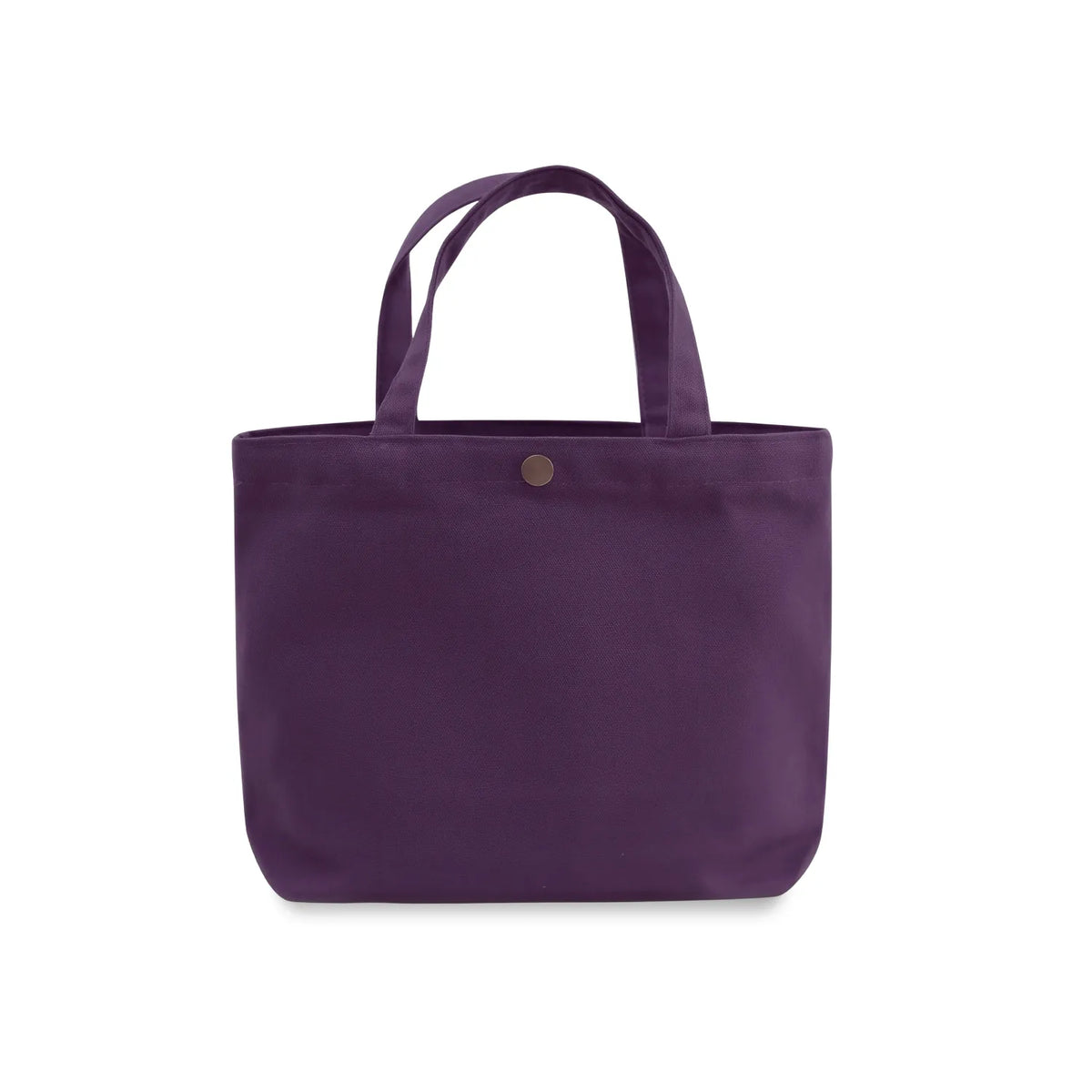 A plum purple  gusseted canvas tote bag with two top handles and a small round metal snap button on the front, shown against a plain white background.