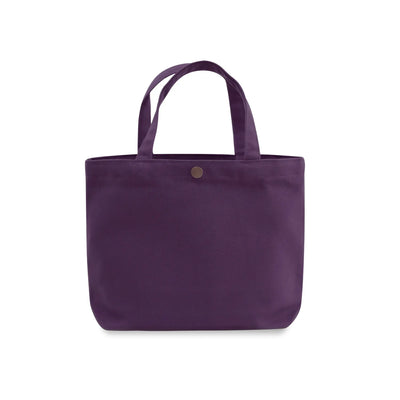 A plum purple  gusseted canvas tote bag with two top handles and a small round metal snap button on the front, shown against a plain white background.