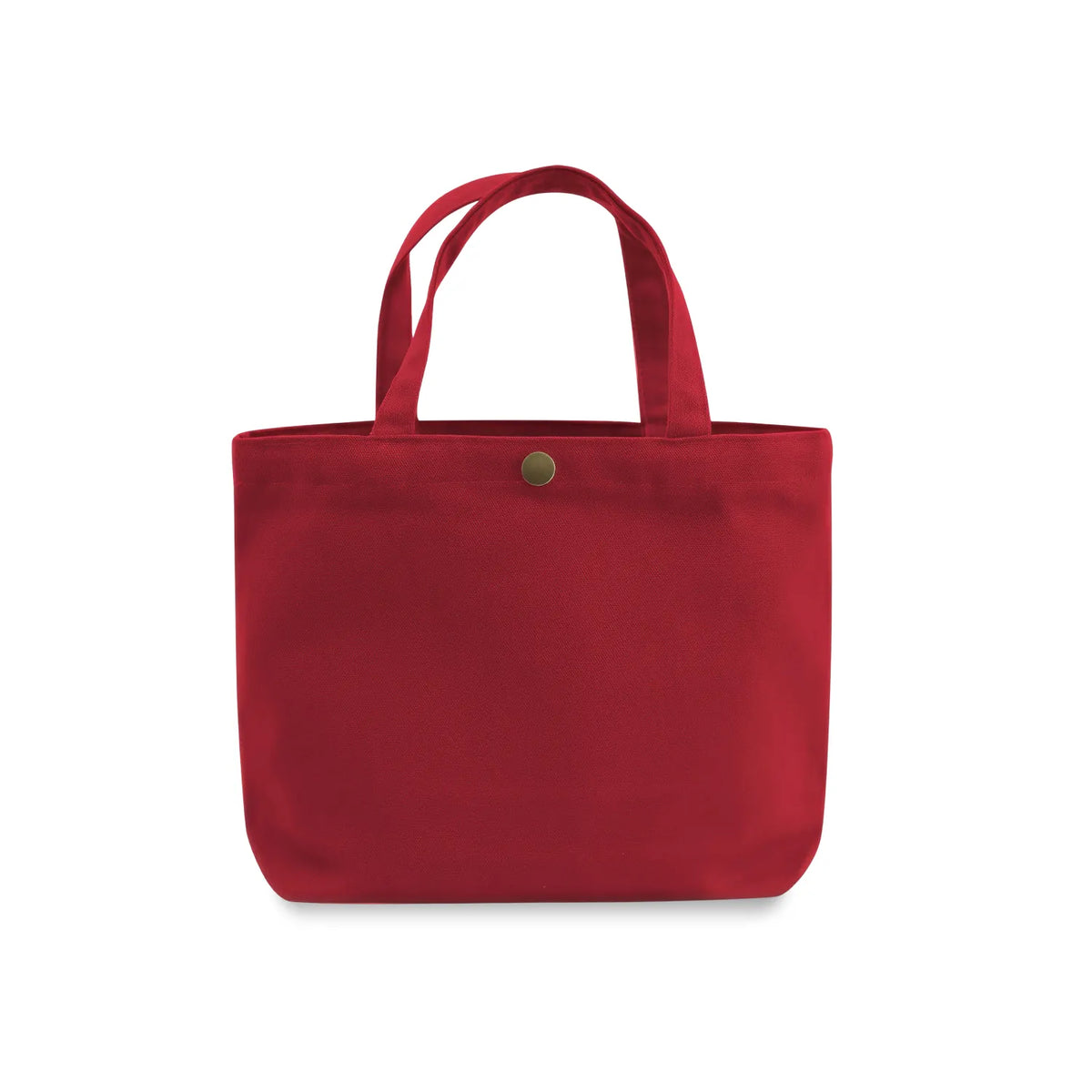 A rust red gusseted canvas tote bag with two top handles and a small round metal snap button closure at the top center, shown against a plain white background.