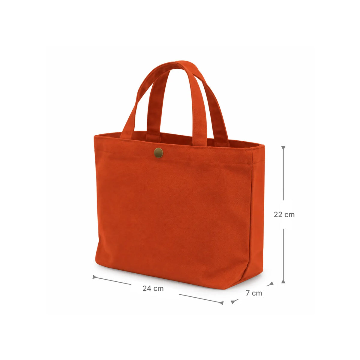An clay orange canvas tote bag with dual top handles and a small metal snap button, shown with dimension lines indicating measurements of 24 cm width, 22 cm height, and 7 cm depth on a white background.