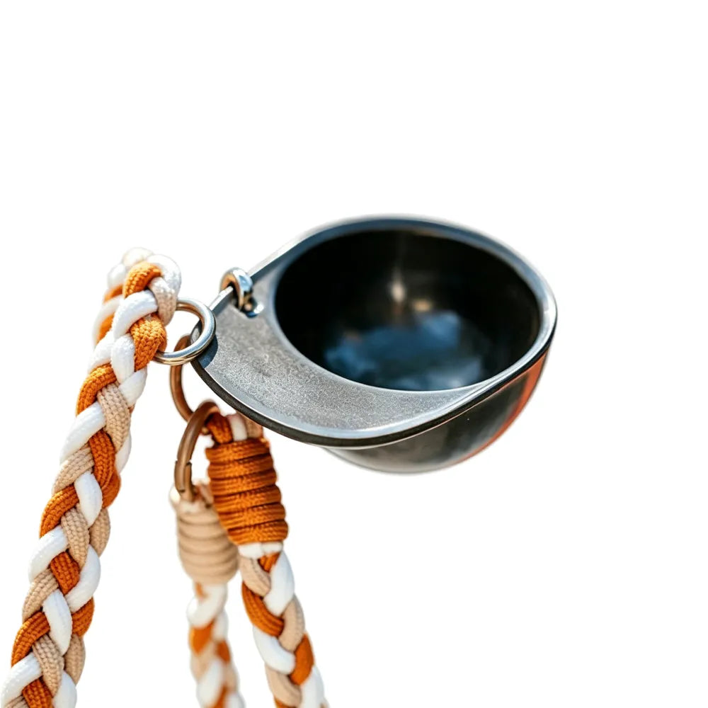 Black hat-shaped recycled coffee grounds tasting cup clipped to braided orange and cream lanyards on a white background, close view of the brim handle