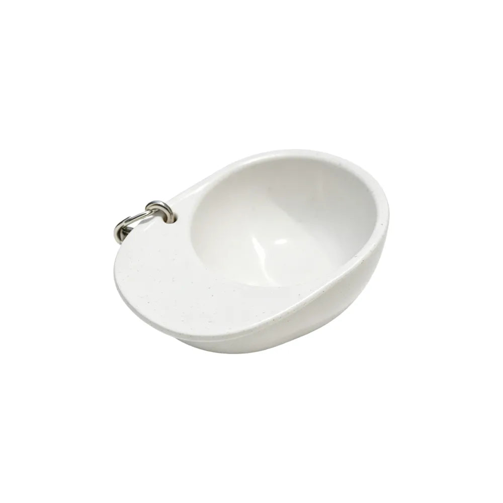Off-white speckled 60ml hat-shaped recycled coffee grounds tasting cup on a white background, three-quarter view showing the hat-brim handle and lanyard ring, no branding applied