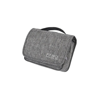 Gray toiletry bag with black strap on a white background