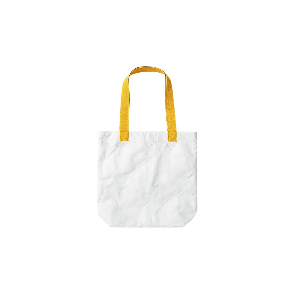 Custom branded large Tyvek tote bag in white with mustard yellow cotton handles, bulk eco event bag Australia by Wumble Merch