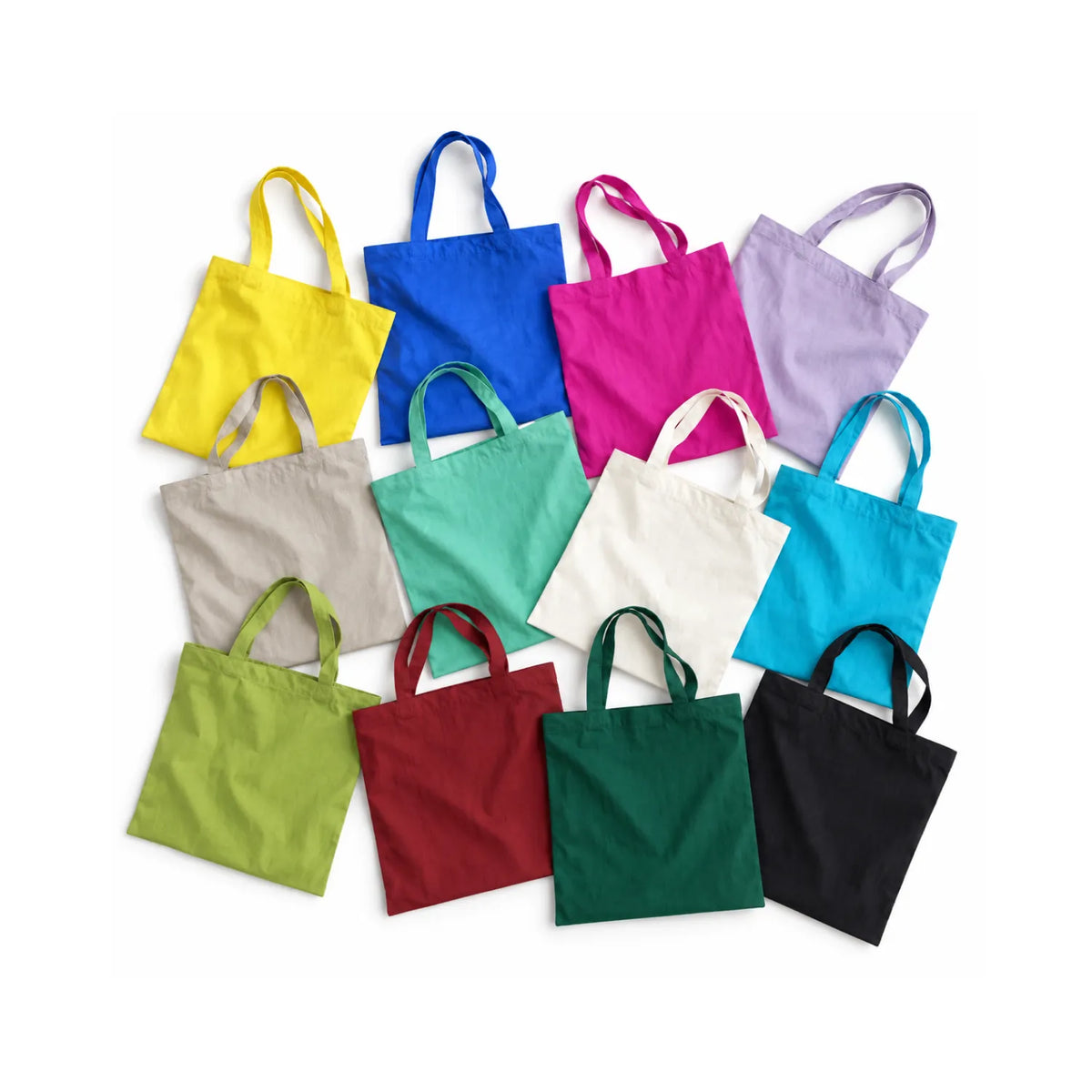 Twelve lightweight crinkle nylon tote bags in bright yellow, blue, hot pink, taro purple, light grey, mint green, off white, aqua blue, olive green, rust red, forest green and black, are arranged in three rows on a plain white background. 