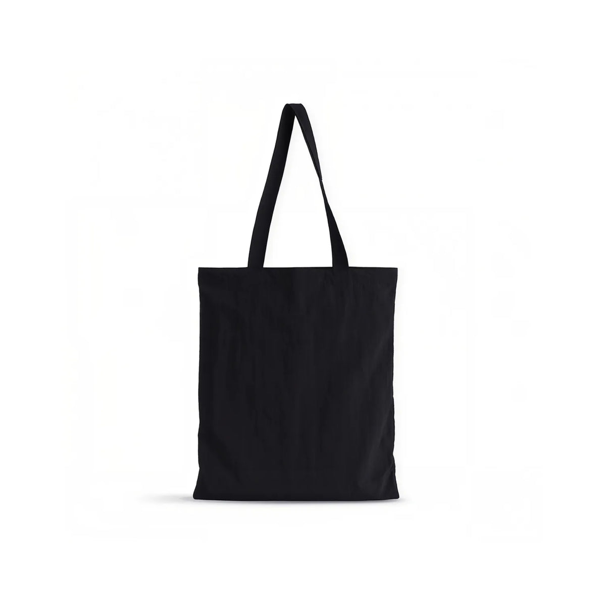 A plain black lightweight crinkle nylon tote bag with two shoulder straps, shown against a solid white background.
