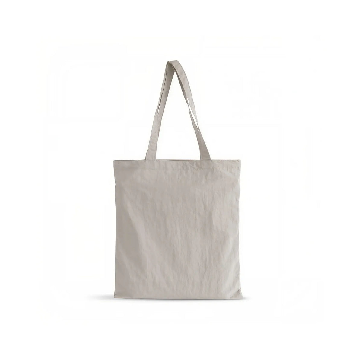 A plain lightweight crinkle nylon tote bag in a light grey colour, featuring two long shoulder straps, shown against a solid white background.