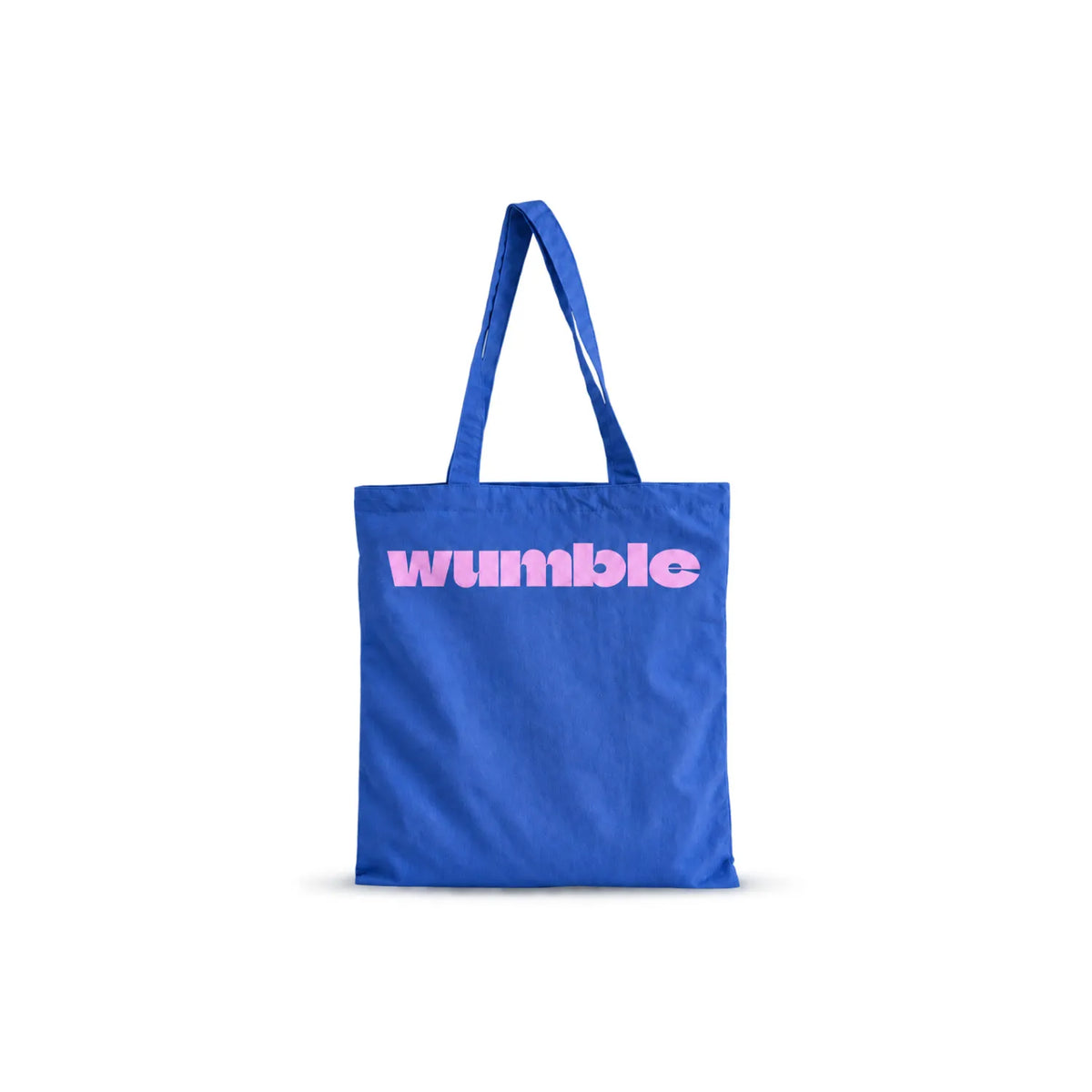 A blue lightweight crinkle nylon tote bag customised with the 'Wumble' logo printed in pink across the front, set against a plain white background.