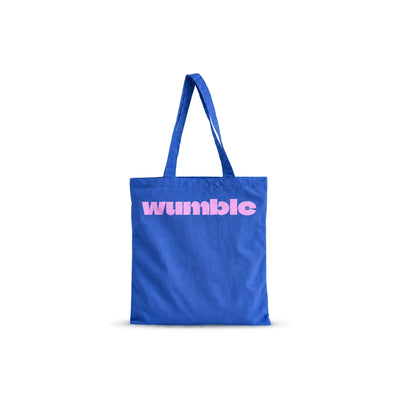 A blue lightweight crinkle nylon tote bag customised with the 'Wumble' logo printed in pink across the front, set against a plain white background.