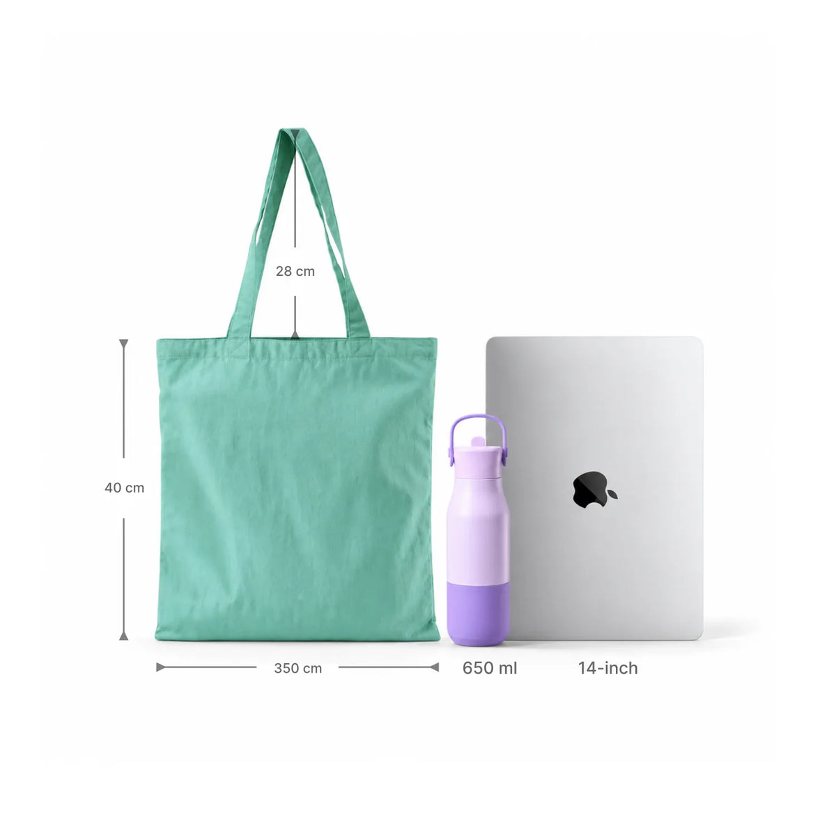 A mint green lightweight crinkle nylon tote bag shown with dimension labels for height, width, and length, alongside a purple water bottle and a silver laptop for scale, on a white background.