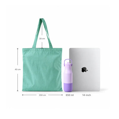 A mint green lightweight crinkle nylon tote bag shown with dimension labels for height, width, and length, alongside a purple water bottle and a silver laptop for scale, on a white background.