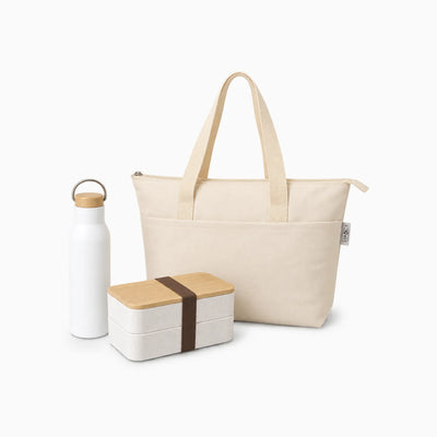 Beige Out Together Tote and Lunch Kit with steel bottle, wheat straw lunch box and RPET tote by Wumble Merch Australia