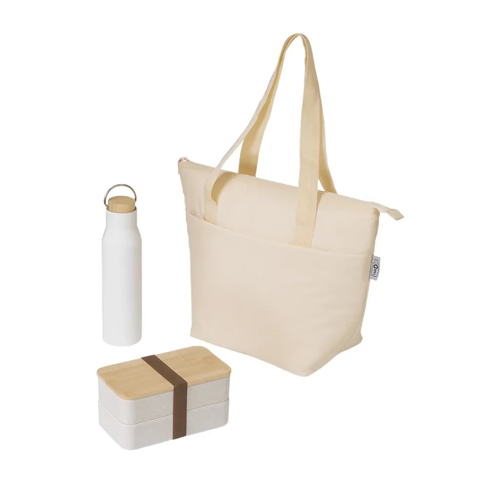 Beige Out Together Tote and Lunch Kit with steel bottle, wheat straw lunch box and RPET tote by Wumble Merch Australia