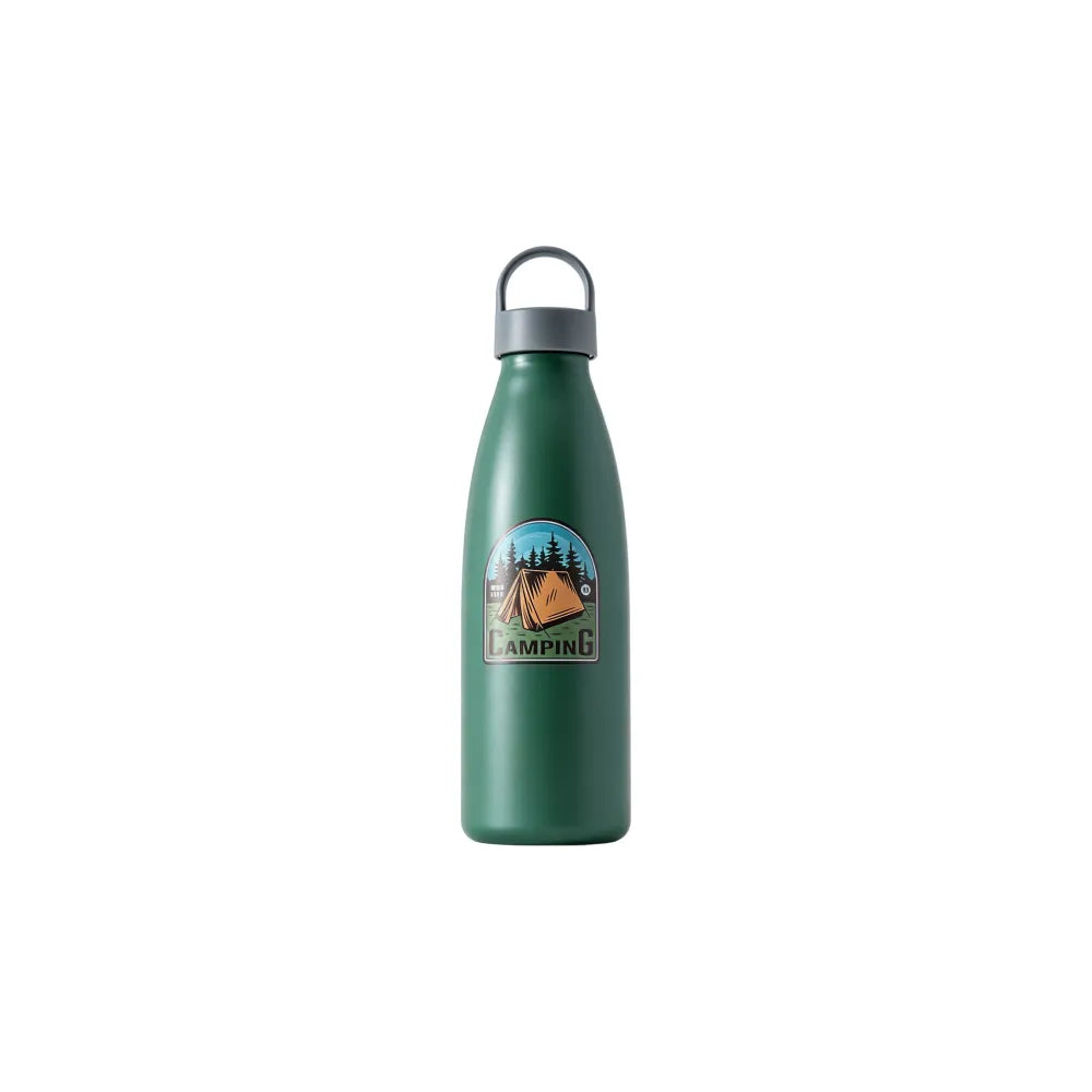 Deep forest green PLA bottle-style travel cup printed with a sample camping tent illustration, white background, branded example