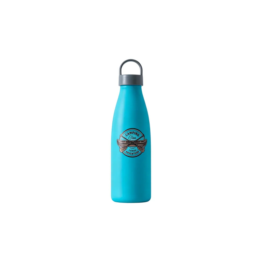 Aqua blue PLA bottle-style travel cup printed with a sample canoe adventure badge design, white background, branded example