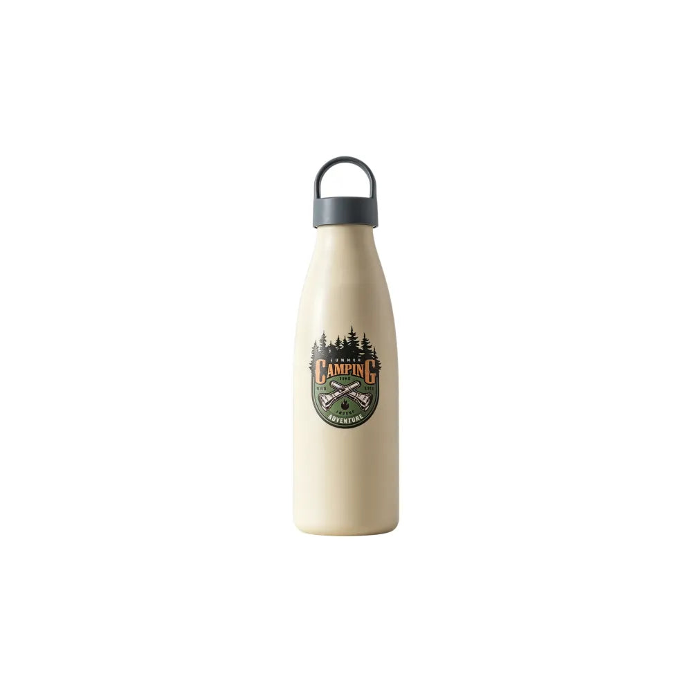 Cream white PLA bottle-style travel cup printed with a sample summer camping badge design, white background, branded example