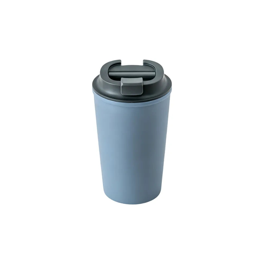 White 420ml PLA double-wall travel coffee cup with a grey twist-lock flip lid on a white background, tapered takeaway silhouette, no branding applied