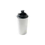 White PLA double-wall travel coffee cup with the black flip lid open, showing the sip opening from above on a white background, no branding applied