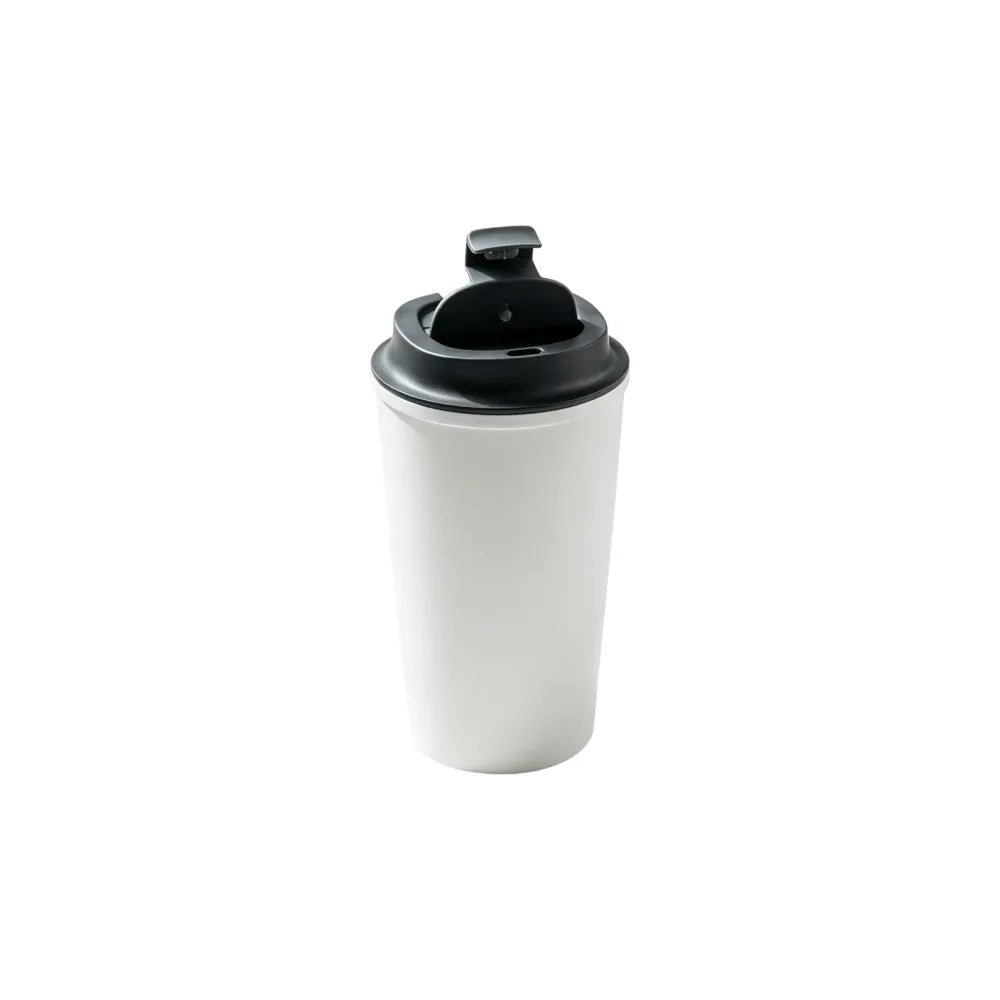 White PLA double-wall travel coffee cup with the black flip lid open, showing the sip opening from above on a white background, no branding applied