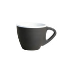 Misty dark brown 60ml PLA espresso tasting cup with a white interior and triangular handle on a white background, no branding applied