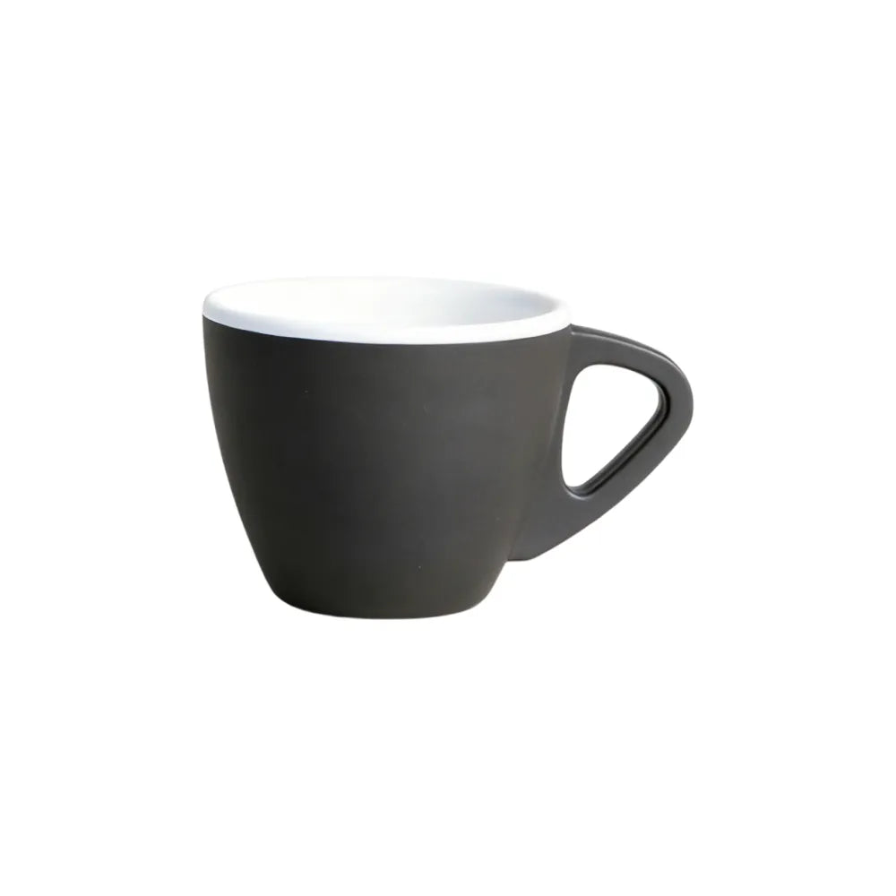 Misty dark brown 60ml PLA espresso tasting cup with a white interior and triangular handle on a white background, no branding applied