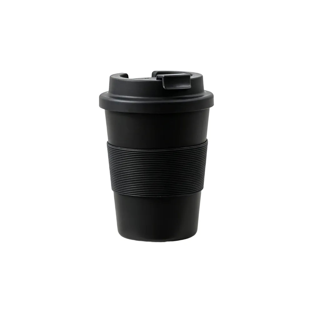  Black 350ml PLA lanyard travel coffee cup with a flip-top lid and ribbed silicone grip band on a white background, no branding applied