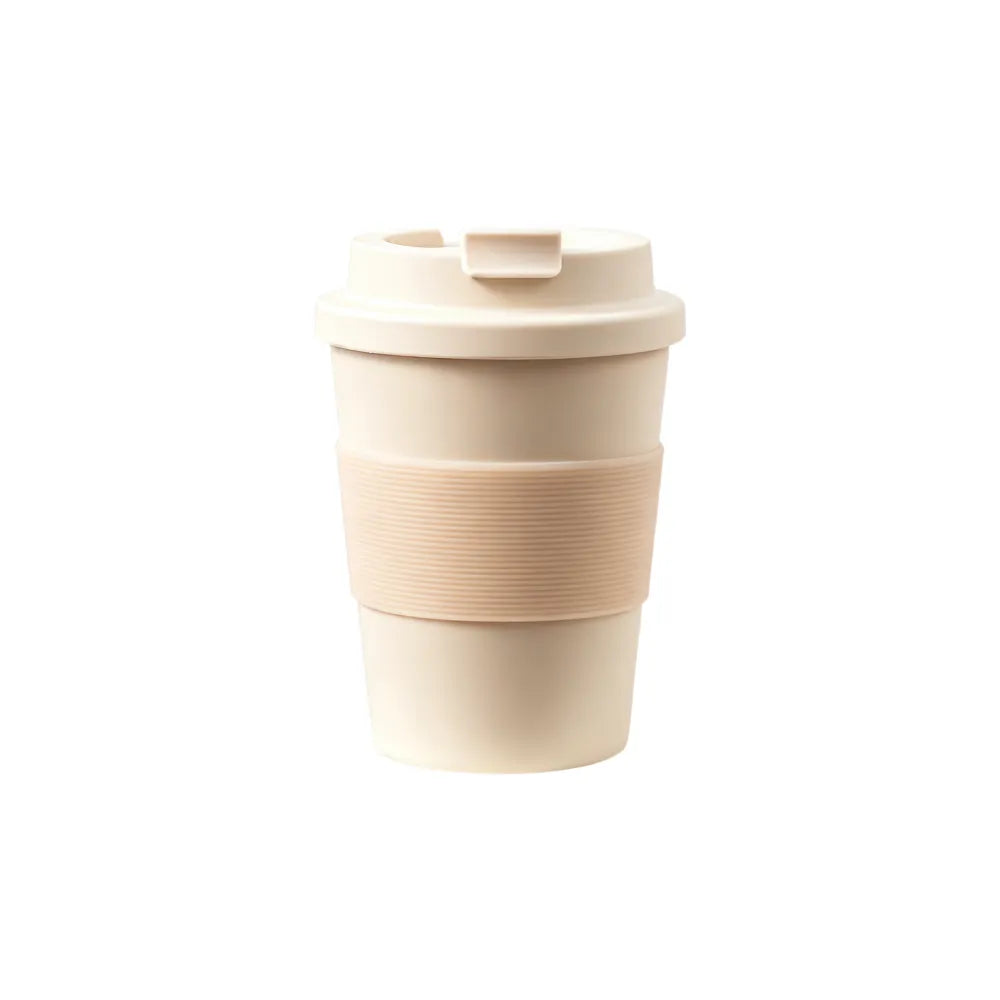 Cream pink 350ml PLA lanyard travel coffee cup with a flip-top lid and ribbed silicone grip band on a white background, no branding applied