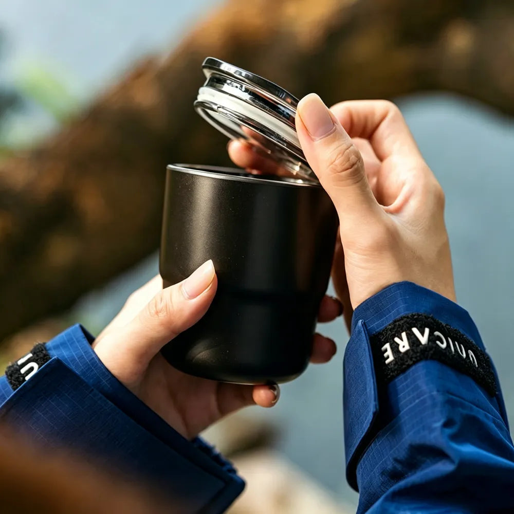 Hands opening the flip-top lid of a dark brown recycled coffee grounds everyday cup outdoors, no branding applied