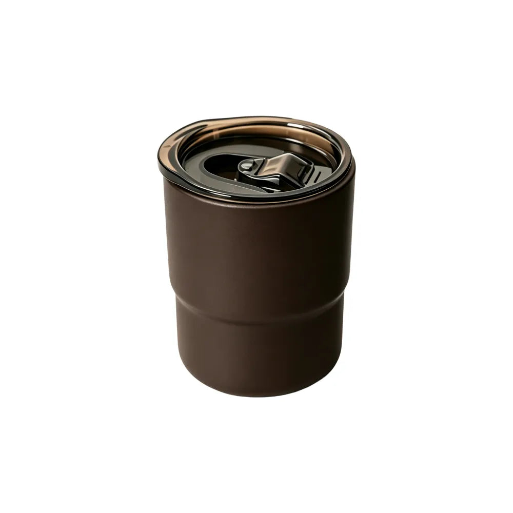 Dark brown 250ml recycled coffee grounds everyday cup with a tinted flip-top sip lid on a white background, no branding applied
