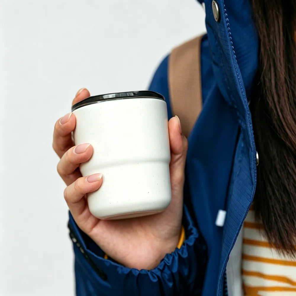 Person in a navy jacket holding an off-white speckled recycled coffee grounds everyday cup, showing the cup at hand size, no branding applied