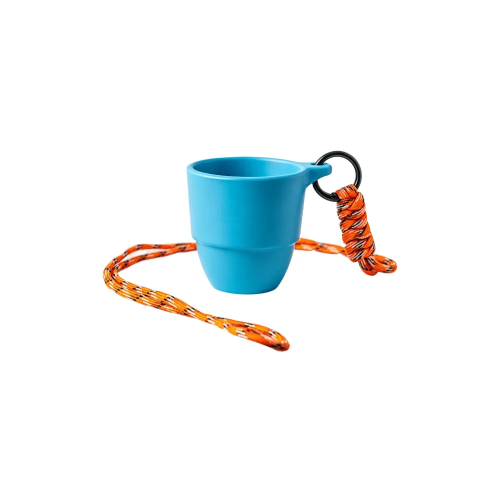 90ml recycled coffee grounds tasting cup in Aqua Blue with orange braided paracord lanyard and black metal ring clip, on white background, no branding applied