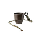 90ml recycled coffee grounds tasting cup in Dark Brown with speckled texture and camo braided paracord lanyard, on white background, no branding applied