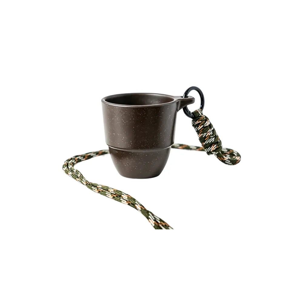 90ml recycled coffee grounds tasting cup in Dark Brown with speckled texture and camo braided paracord lanyard, on white background, no branding applied