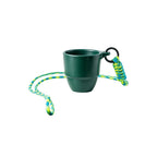 90ml recycled coffee grounds tasting cup in Deep Forest with yellow-green braided paracord lanyard and black metal ring clip, on white background, no branding applied