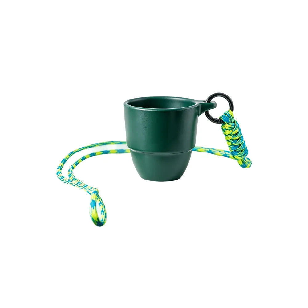 90ml recycled coffee grounds tasting cup in Deep Forest with yellow-green braided paracord lanyard and black metal ring clip, on white background, no branding applied