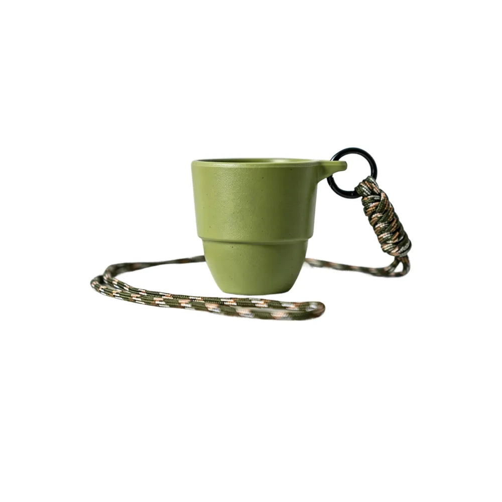 90ml recycled coffee grounds tasting cup in Aqua Blue with orange braided paracord lanyard and black metal ring clip, on white background, no branding applied