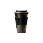 Dark brown speckled recycled coffee grounds travel cup with a screw-on lid and black ribbed silicone grip band on a white background, no branding applied