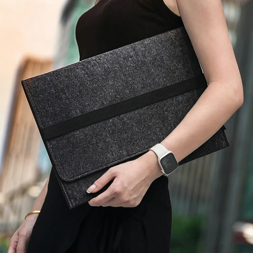 Custom branded recycled RPET felt laptop sleeve with elastic strap, sustainable bulk merch Australia by Wumble