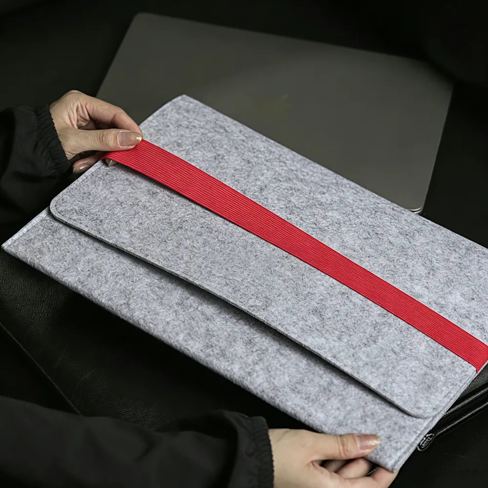 Custom branded recycled RPET felt laptop sleeve with elastic strap, sustainable bulk merch Australia by Wumble