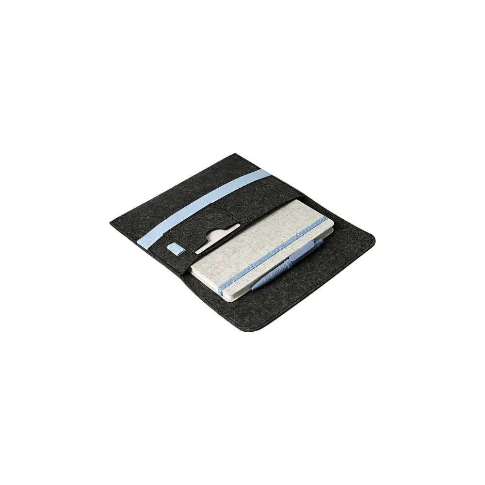 Custom branded RPET felt notebook set with A5 cotton linen notebook and blue elastic band, sustainable bulk stationery Australia by Wumble Merch