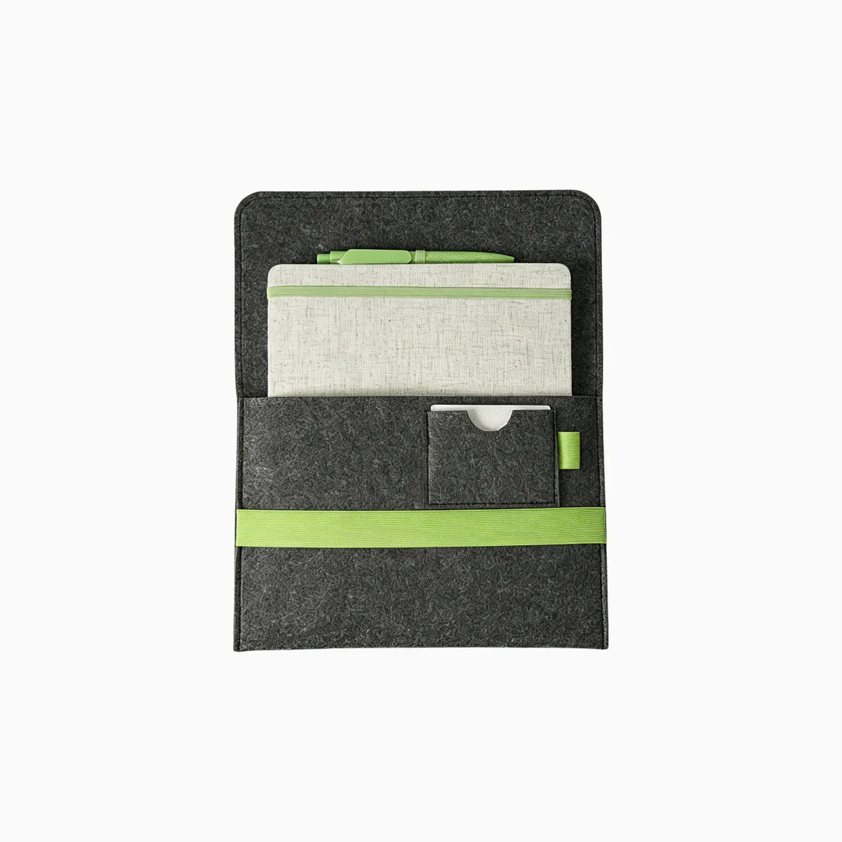 Custom branded RPET felt notebook set with A5 cotton linen notebook and blue elastic band, sustainable bulk stationery Australia by Wumble Merch
