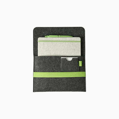 Custom branded RPET felt notebook set with A5 cotton linen notebook and blue elastic band, sustainable bulk stationery Australia by Wumble Merch