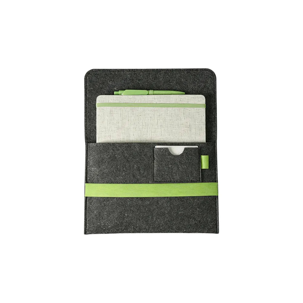 Custom branded RPET felt notebook set with A5 cotton linen notebook and blue elastic band, sustainable bulk stationery Australia by Wumble Merch