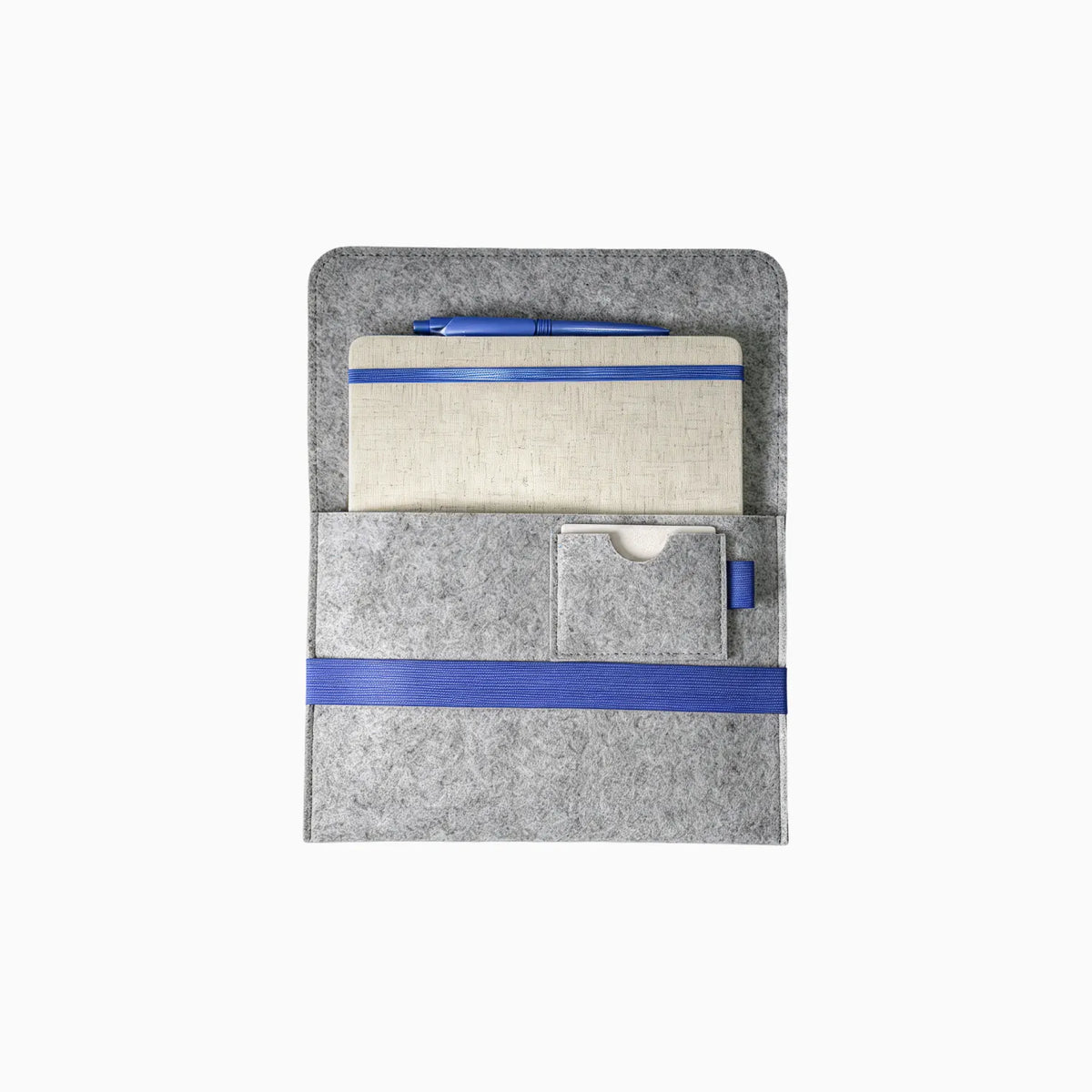 Custom branded RPET felt notebook set with A5 cotton linen notebook and blue elastic band, sustainable bulk stationery Australia by Wumble Merch