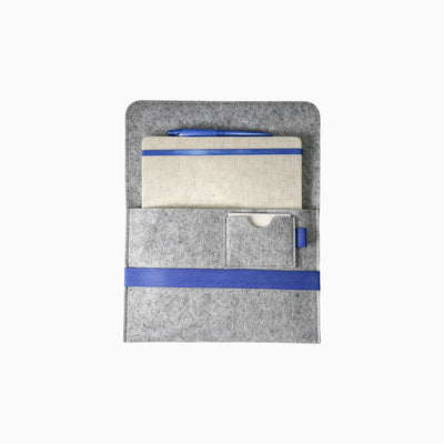 Custom branded RPET felt notebook set with A5 cotton linen notebook and blue elastic band, sustainable bulk stationery Australia by Wumble Merch