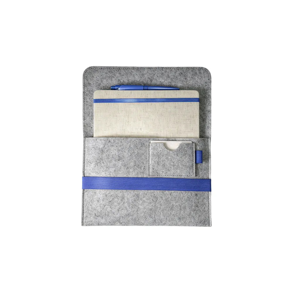 Custom branded RPET felt notebook set with A5 cotton linen notebook and blue elastic band, sustainable bulk stationery Australia by Wumble Merch