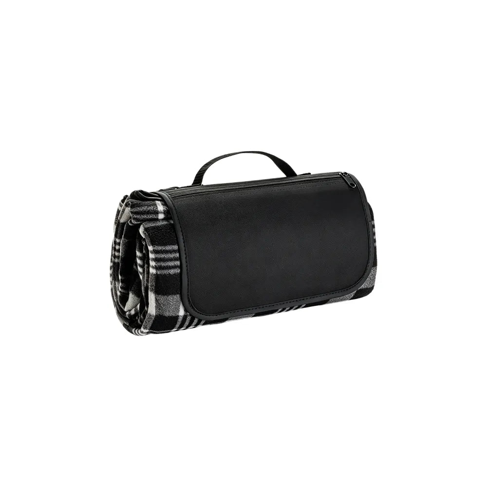 Three-quarter view of the rolled picnic mat in its black zip carry case with handle, no Wumble branding applied